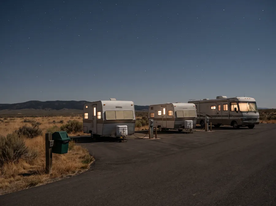 Trailers and a motorhome on a lot at night