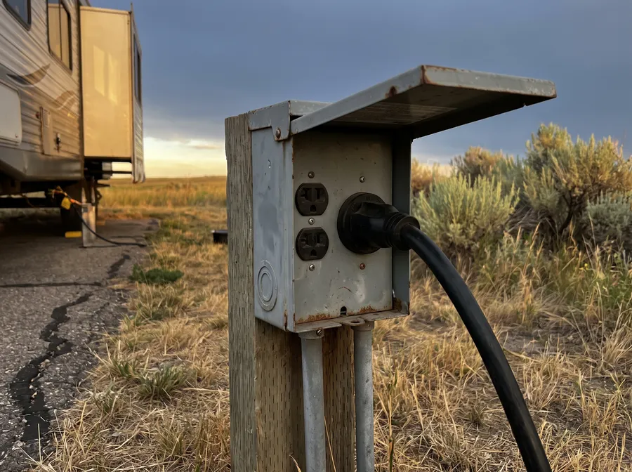 Open campground power post with a cord plugged in