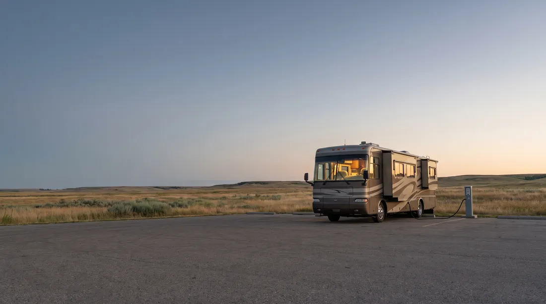 Motorhome plugged into a power post at dusk